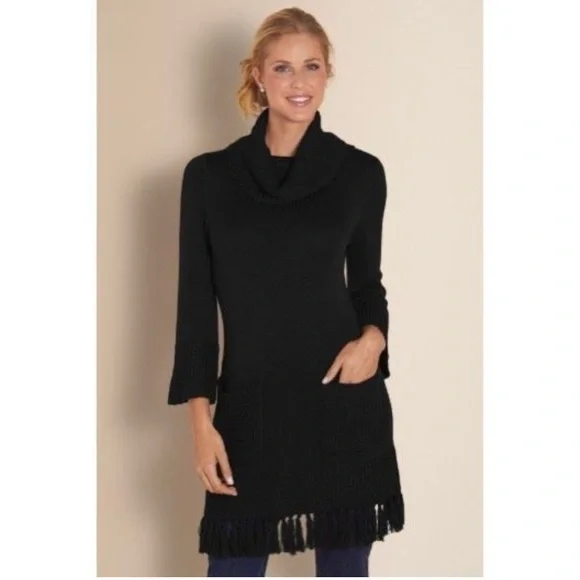 cowl neck black sweater dress Black Cowl Neck 3/4 Sleeve Sweater Dress – Creative Muse Apparel Co